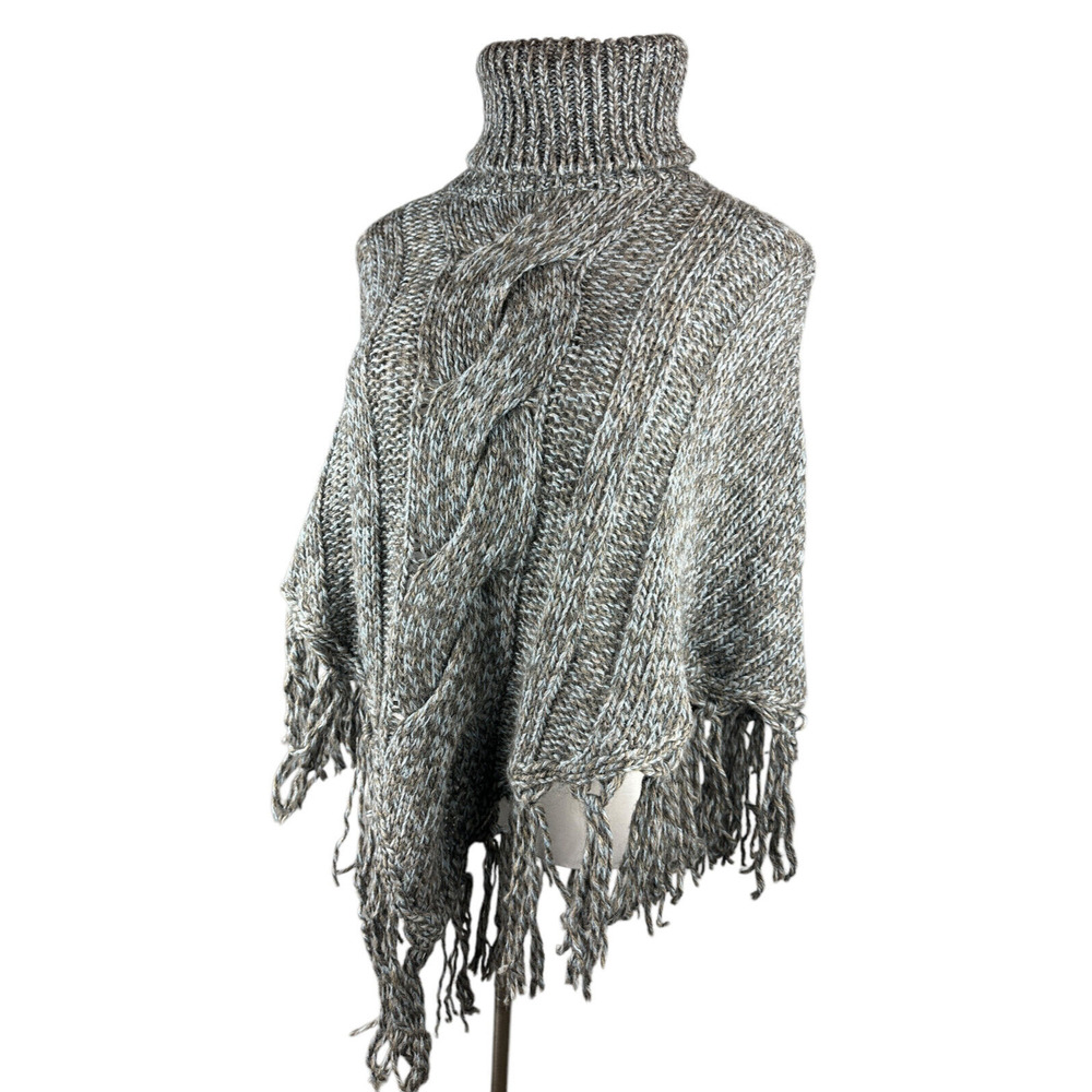 Inis Crafts 100% Merino Wool Poncho Sweater Cape Fringe Brown Irish Made S/M - Picture 10 of 16